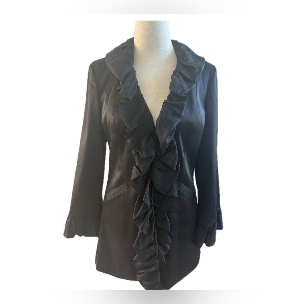 INC International Concepts | Black Evening Satin Ruffle Coat | sz M | Exc Cond